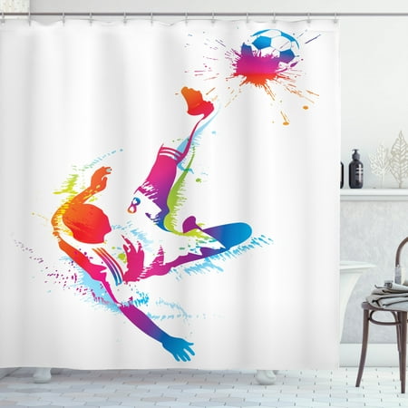 Soccer Shower Curtain, Soccer Man Kicks the Ball in the Air Watercolors Success Energy Feet Illustration, Fabric Bathroom Set with Hooks, Multicolor, by Ambesonne
