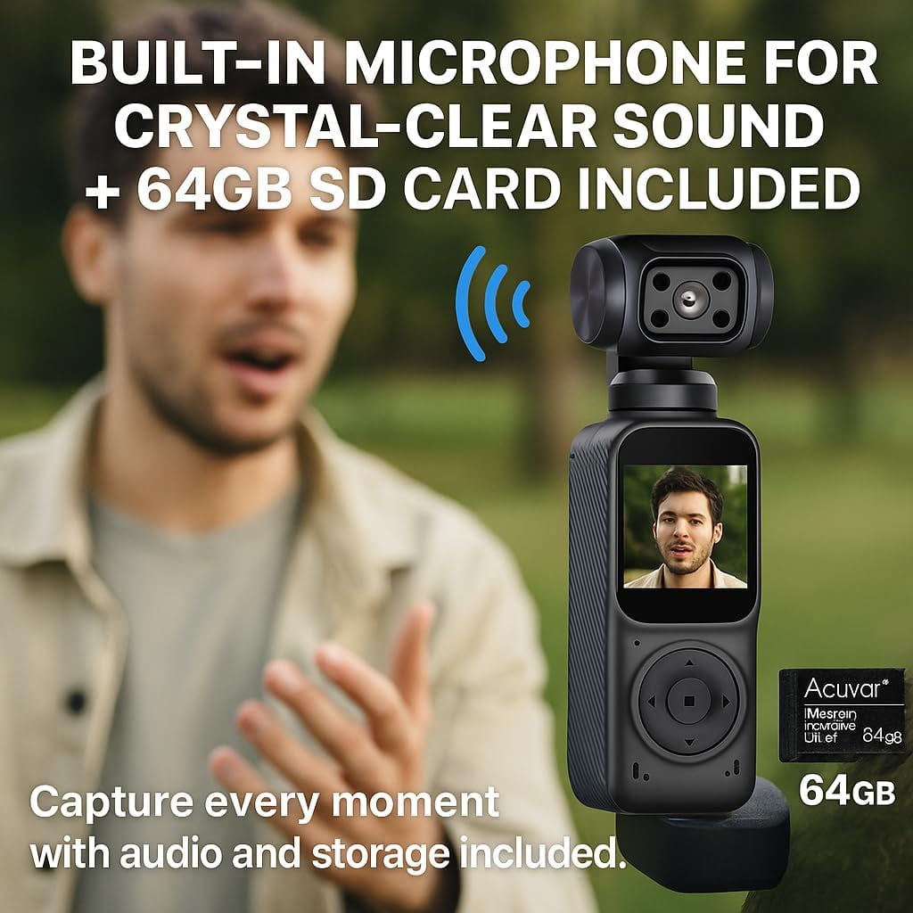 KLIOMAX 2K Pocket Camera with 3-Axis Gimbal Stabilizer, Digital Video Camera for Photography, Action & Vlogging Camera with LCD Screen, Face Tracking, Motion Stabilization, Body Cam POV Camera