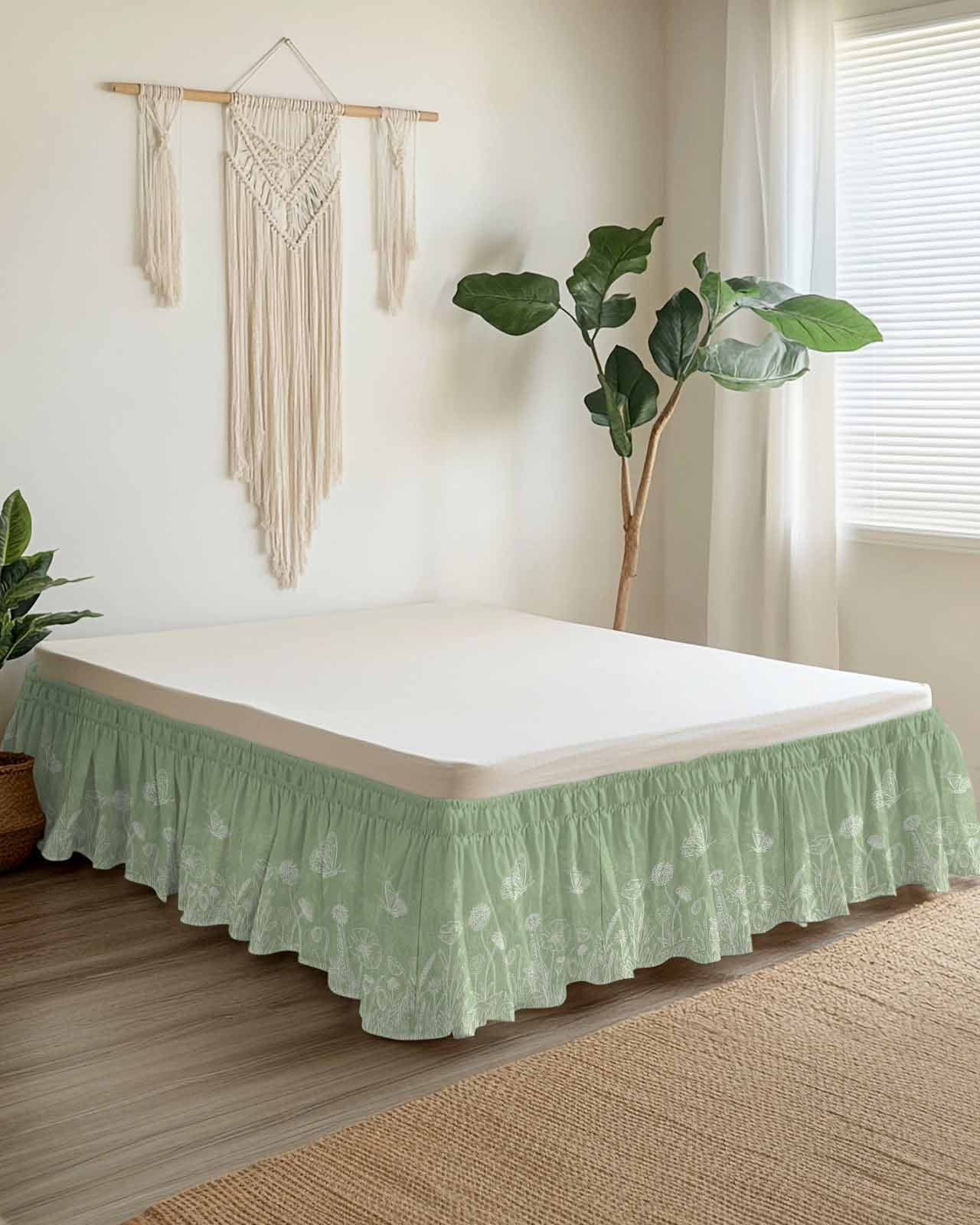 Spring Flower Butterfly Bed Skirt Queen Size 16 Inch Drop, Plant Floral Lines Countryside Green Adjustable Elastic Dust Ruffles Bedskirt for Queen Bed Wrap Around Pleated Mattress Frame Cover