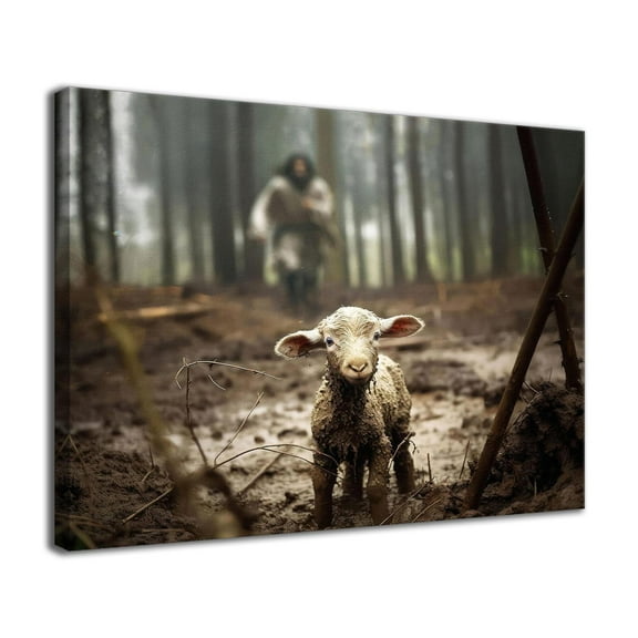 Jesus and Lamb Canvas Prints Christian Wall Art Décor Jesus Running After Lost Lamb Picture for Living Home Decoration - 8x10 inches Framed