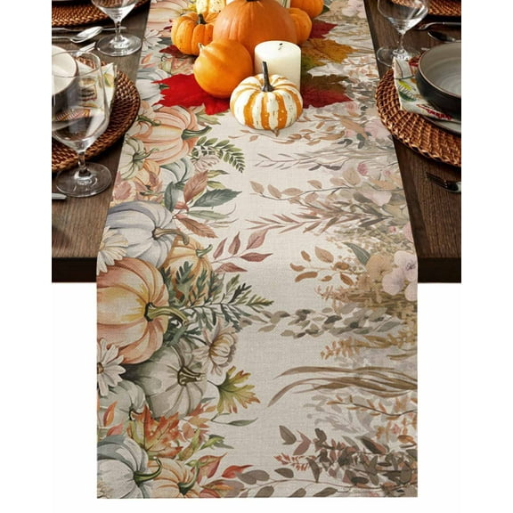 Fall Table Runner Thanksgiving Floral Pumpkin Table Runners Autumn Leaves Branch Linen Cotton Linen Dresser Scarf Kitchen Dining Table Decor for Fall Holiday Party Decor 13x90 Inch