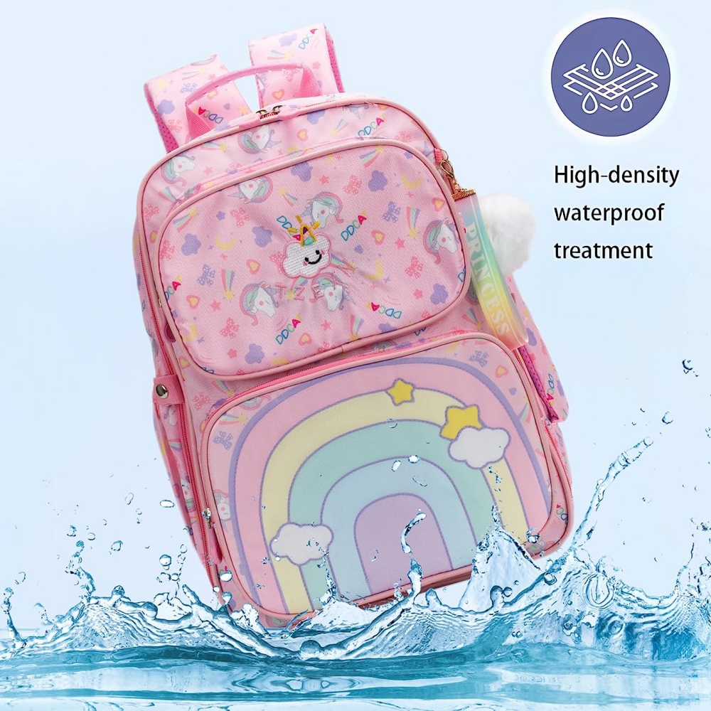 Mochila escolar para niñas, bonita con arcoíris, de gran capacidad y múltiples bolsillos, rosa 2