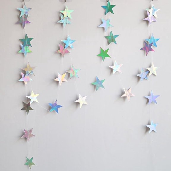 40ft Iridescent Star Garland - Twinkle Hanging Sparkling Star Streamer for Birthday, Wedding & Baby Shower. Glitter Banner Party Backdrop