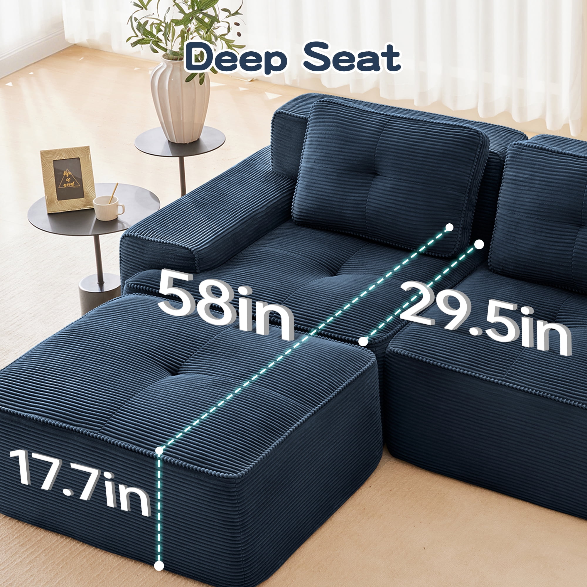 Aukfa Corduroy Modular Sectional Sofa; 29.5" Deep Seat Loveseat, Pearl-Like Trim, Blue