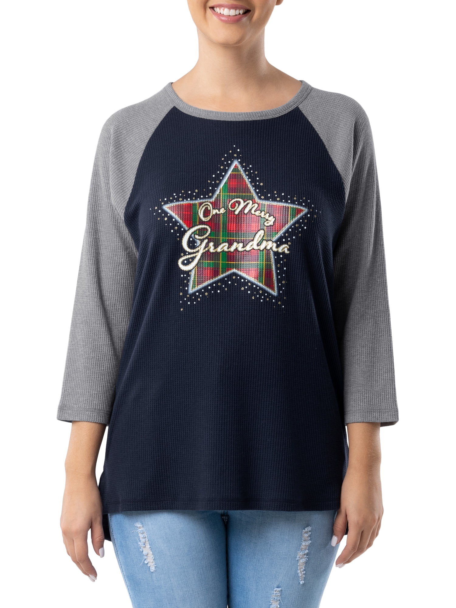 Holiday Time Women's and Women's Plus Christmas Raglan Long Sleeve Graphic T-Shirt