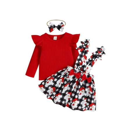 

jaweiwi Little Girls Christmas Skirt Clothes Set Long Sleeve T-shirt + Plaid Santa Claus Print Suspender Skirt + Headband 9M-4years