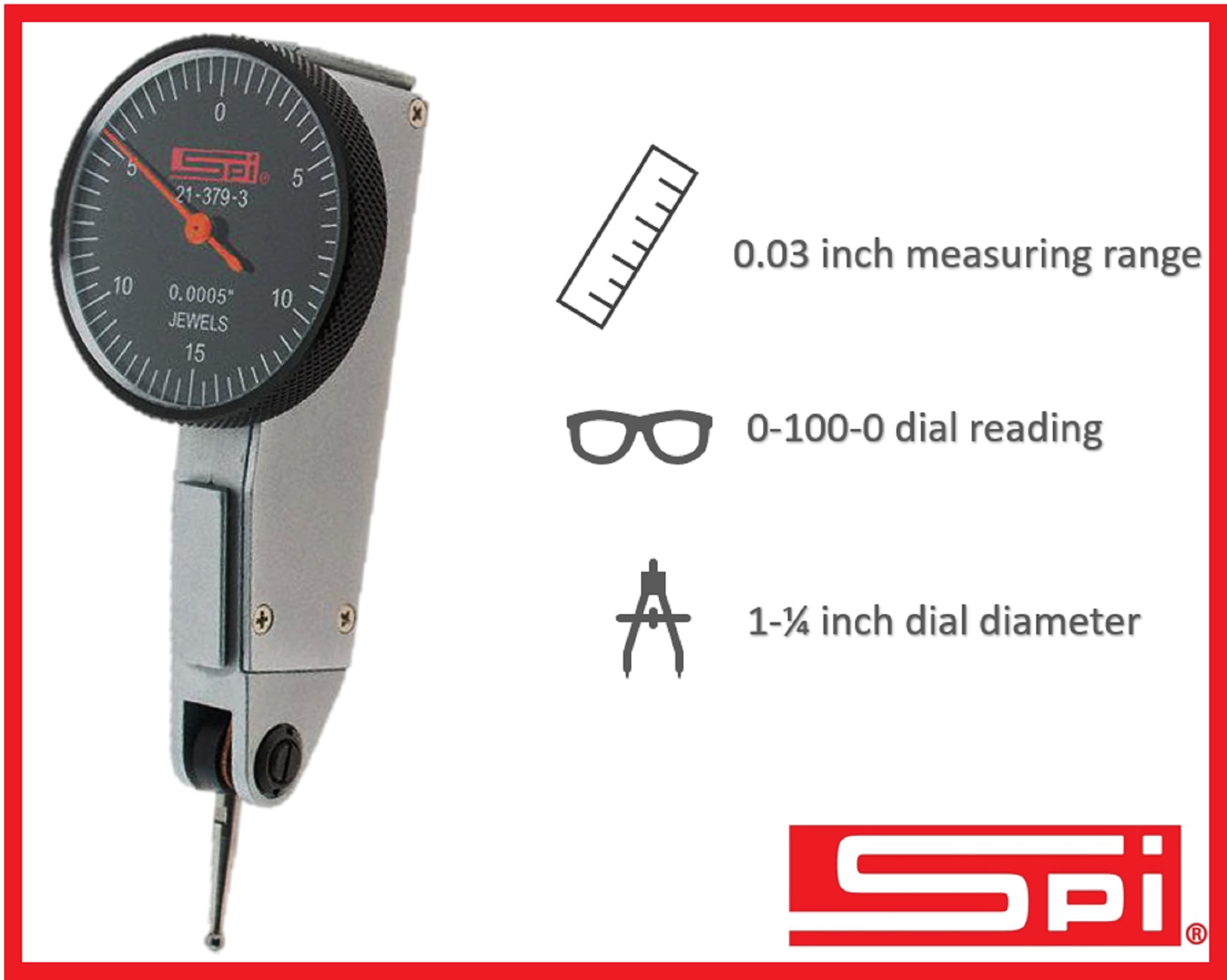 SPI 21-379-3 Dial Test Indicator - 0.03 Range Horizontal Style With Certificate