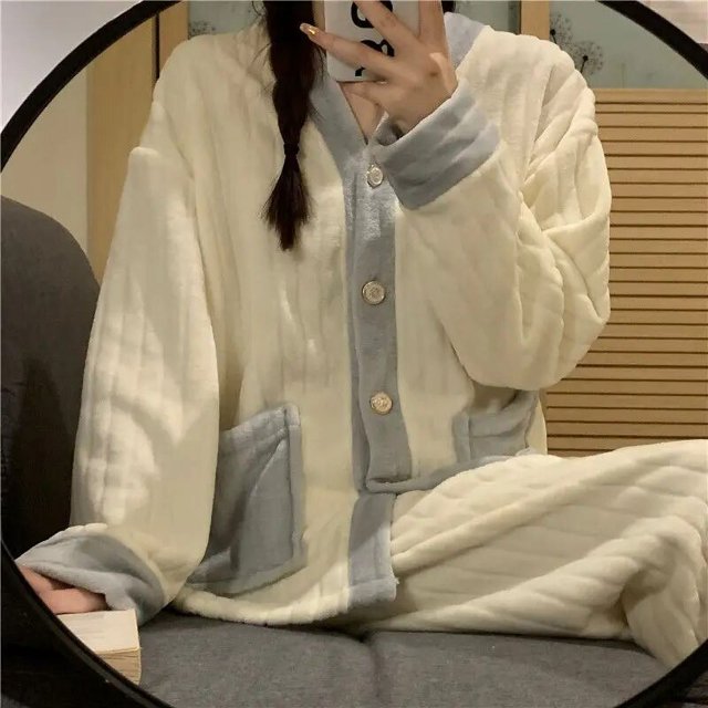 Conjunto de pijamas de invierno para mujer, ropa de dormir cálida de Navidad, conjunto de dos piezas de talla grande