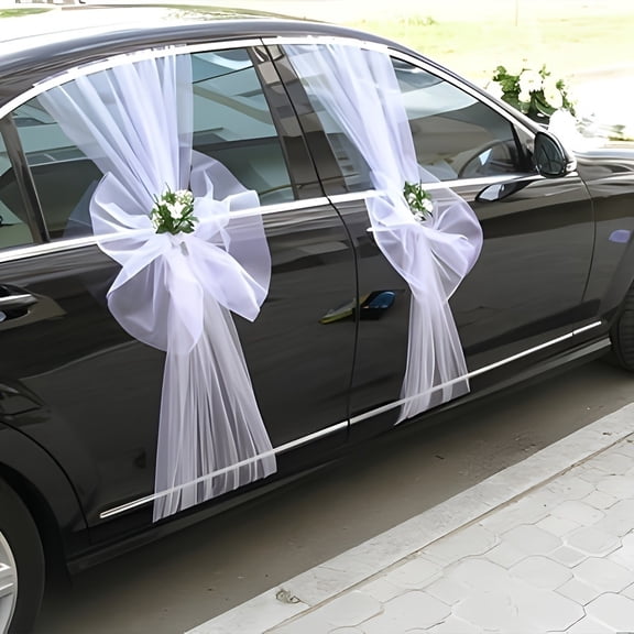 4 Pcs Premium White Wedding Car Door Decorative Fabric - 120" x 40.2" Elegant Transparent Mesh Fabric for Wedding and Party Occasions