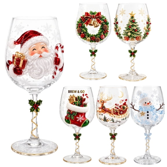 3D Christmas Wine Glasses, Cute Santa Claus 3D Christmas Glass Art Cup, Festive Glass Drinkware for Wine, Cocktails Holiday Table Decor Gift