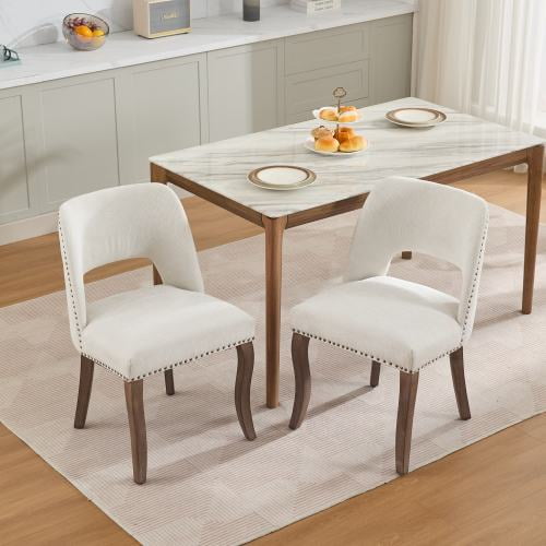 Wooden Dining Chairs Set of 2, Modern Farmhouse Upholstered Kitchen Chairs with Curved Backrest and Solid Wood Legs, French Country Dining Room Chairs, Beige