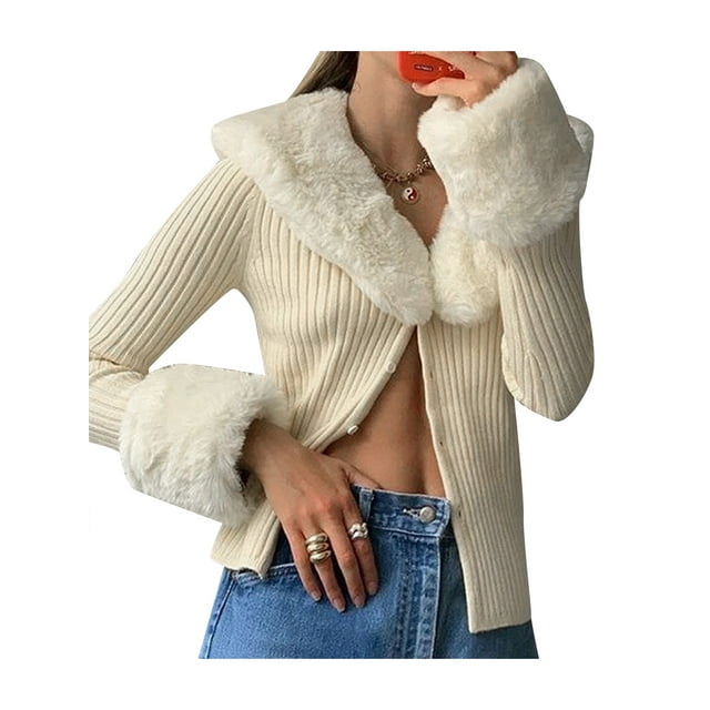 Women's Solid Color Turn-Down Fur Collar Long Sleeve Ribbed Cardigans Sweaters for Fall Winter