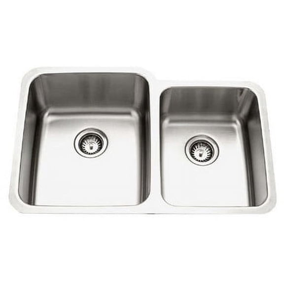 Houzer MES-3221-1 31.88" x 20.625" 10" , 8" Gourmet Undermount Stainless Steel 60/40 Double Bowl Kitchen Sink, Small Bowl Right