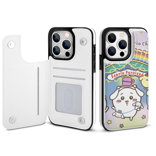 Chiikawa - Funda tipo cartera para iPhone 14 Pro con tarjetero, tapa trasera tipo libro de piel sintética con función atril, ranuras para tarjetas, cierre magnético doble, antigolpes