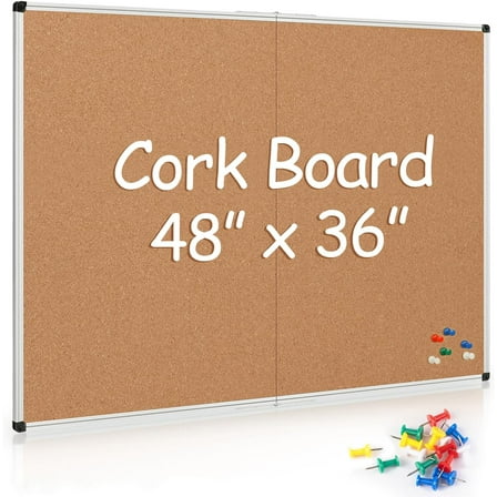 Cork Board Bulletin Board 36 x 48, Foldable Office Wall Sticker Board with 36 Push Pins