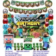 Pixel Minecraft Gaming Party Supplies Bundle with Balloons Cake Topper Banner and Backdrop
