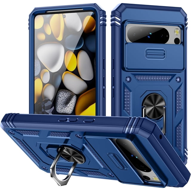 KOMI Case for Google Pixel 9/Pixel 9 Pro/Pixel 9 Pro XL,Shockproof Scratch-Resistant Heavy-Duty Protector Case Slide Lens Protection Stand Cover (Blue, Google Pixel 9)
