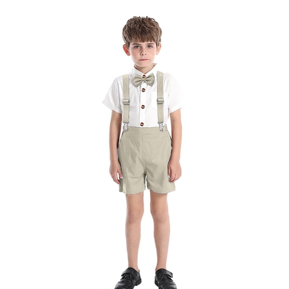JCCXIN Toddler Boys Short Sleeve Solid Color Lapel Shirt Tops Suspenders Shorts Child Kids Gentleman Outfit Sets Bowtie Formal Dress Clothes Suit Adorable Clothes Sets