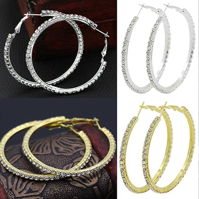 Farfi 1 par de pendientes circulares con diamantes de imitación, joyería de aleación, pendientes de aro grandes para mujer para fiesta de cumpleaños, 6 cm, plata