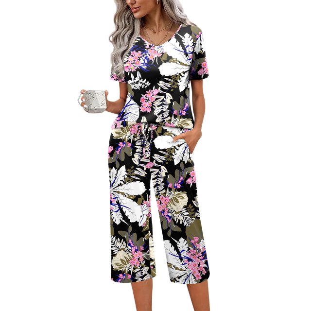Conjunto de pijama Ekouaer de manga corta de algodón para mujer con pantalones capri