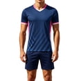 thumbnail image 2 of SGFCWSX Mens Soccer Set 2 Piece Striped V Neck Quick Dry Short Sleeve Shirt and Shorts Football Training Athletic Outfit Navy Size 2XL, 2 of 9