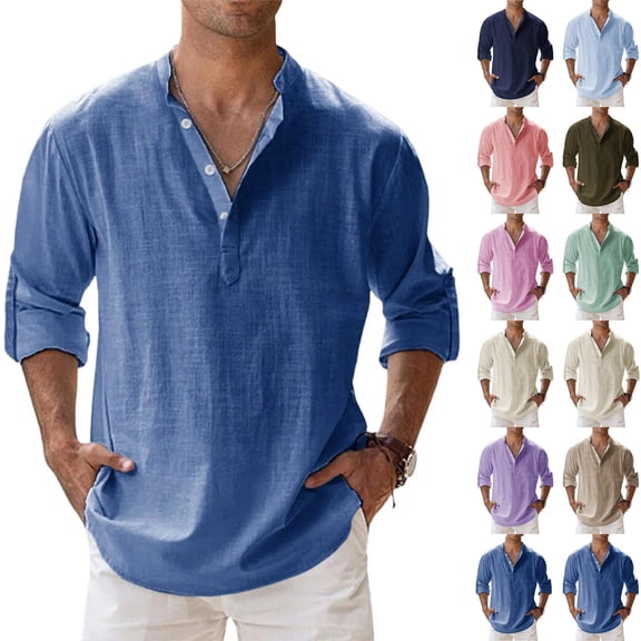 Men's Cotton Linen Henley Shirt Long Sleeve Hippie Tops Casual Beach Blouse Summer Loose Collar Basic Tees Hot Pink 2XL