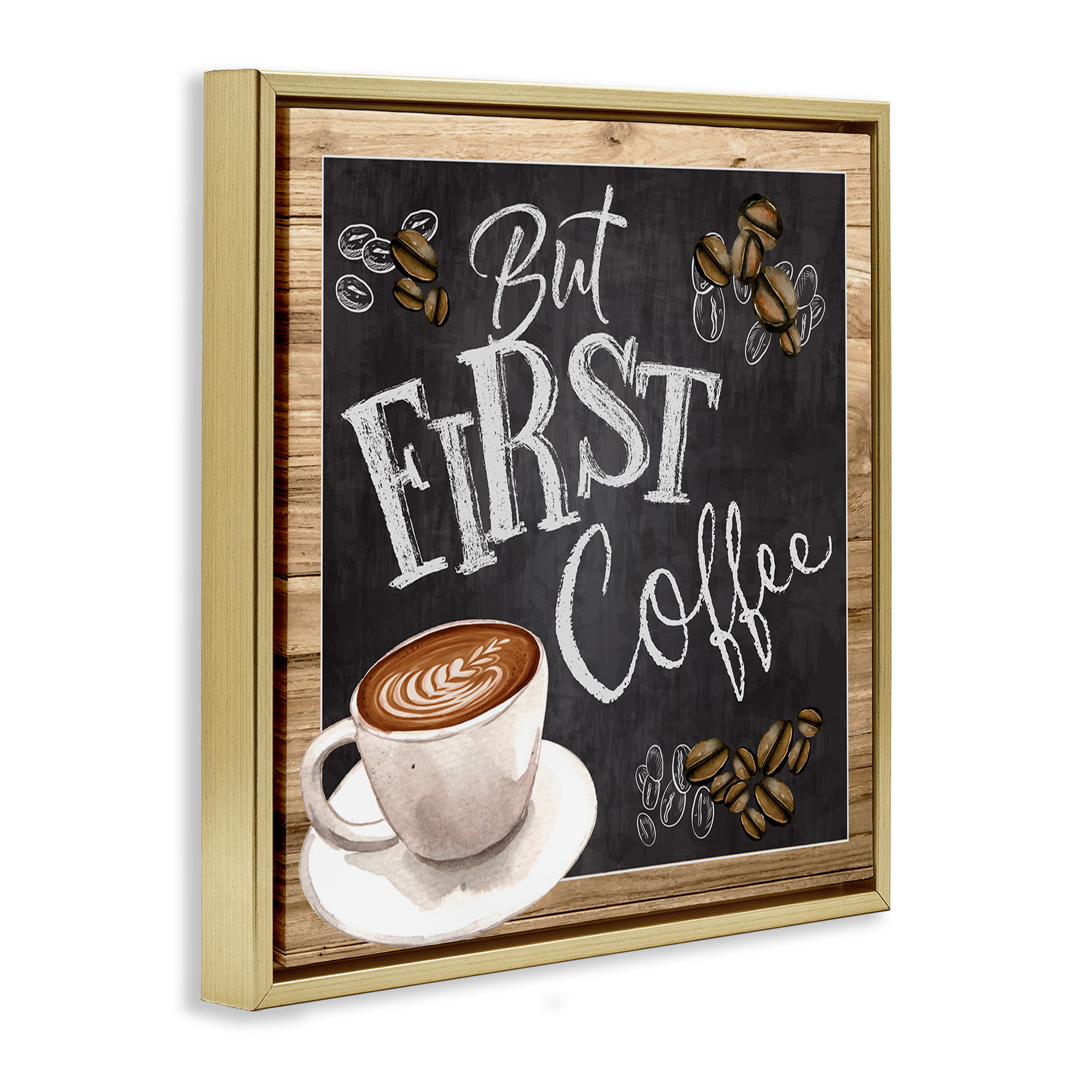 Stupell Industries But First Coffee Chalkboard Food & Beverage Painting Gold Floater Framed Canvas Art Print Wall Art, 18 x 18