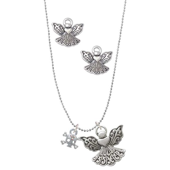 Delight Jewelry Silvertone Mini Skull and Bones with 3 AB Crystals Silver tone Guardian Angel Charm Necklace and Stud Earrings