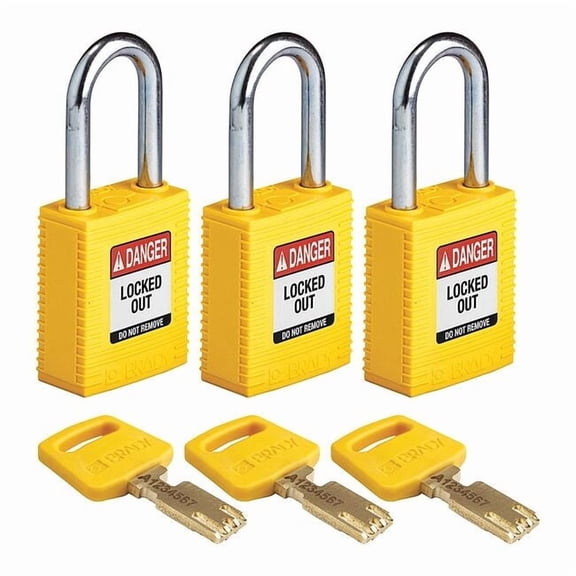 Brady Lockout Padlock,Nylon,Ylw,1/2" W,PK3 NYL-YLW-38ST-KA3PK