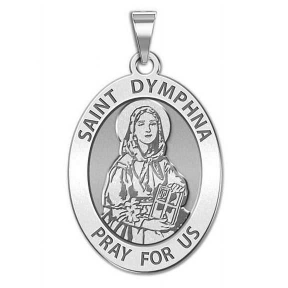 Saint Dymphna Oval Religious Medal  - 1/2 X 2/3 Inch Size of Dime, Solid 14K White Gold