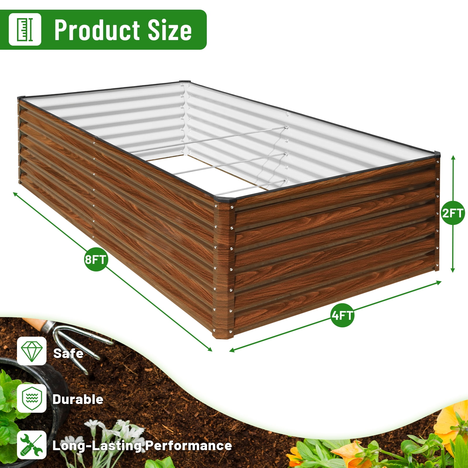 SnugNiture 8x4x2 ft Galvanized Raised Garden Bed, Deep Root Metal Planter Box for Vegetables, Flowers