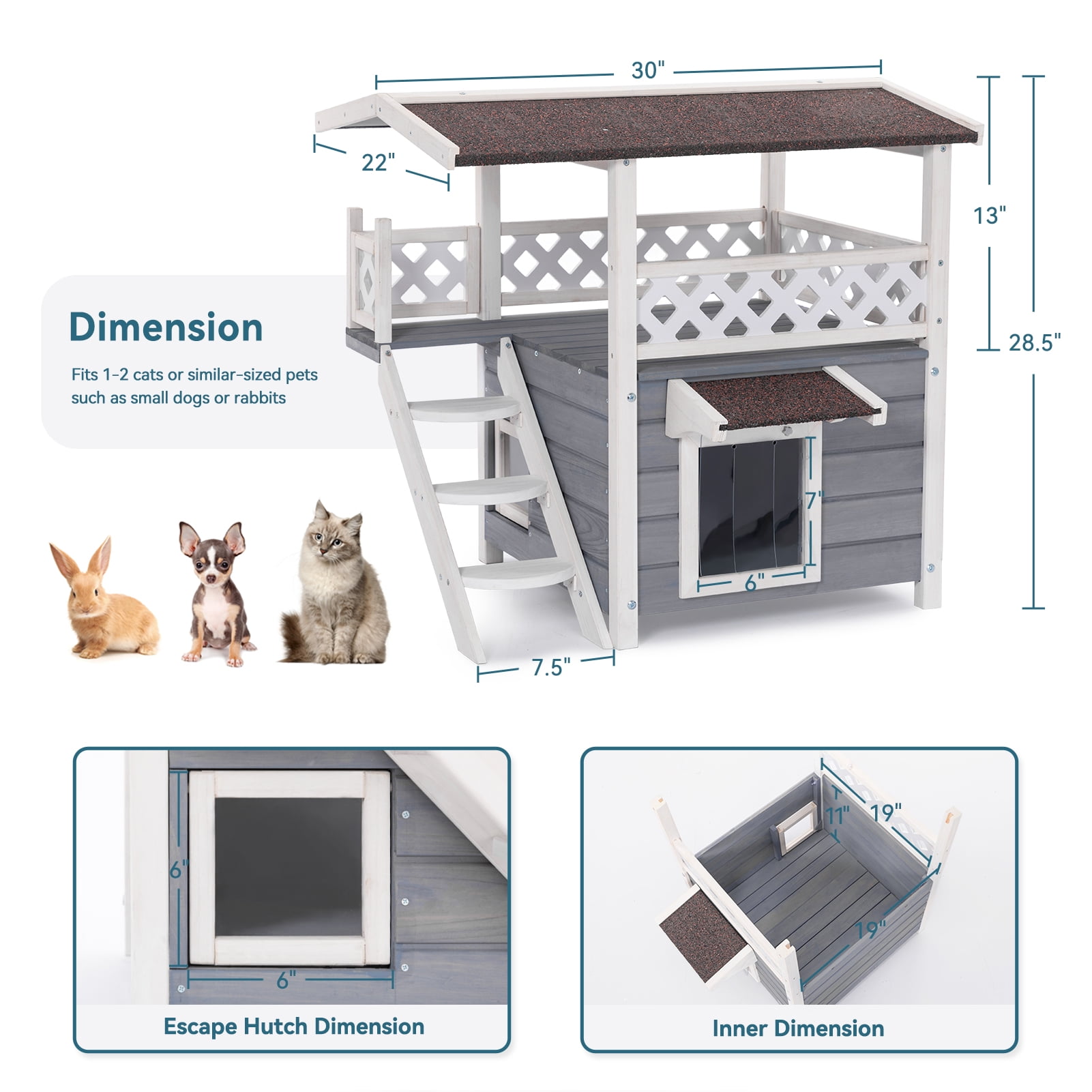 Petsfit Two-Story Outdoor Cat House with Asphalt Roof & Escape Door, Gray
