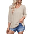 thumbnail image 2 of LYEAA Plus Size 3/4 Sleeve V-Neck Casual Blouses for Women Elastic Waist Soft Cotton Tops with Side Pockets Spring Summer Elastic Comfort Khaki L, 2 of 5