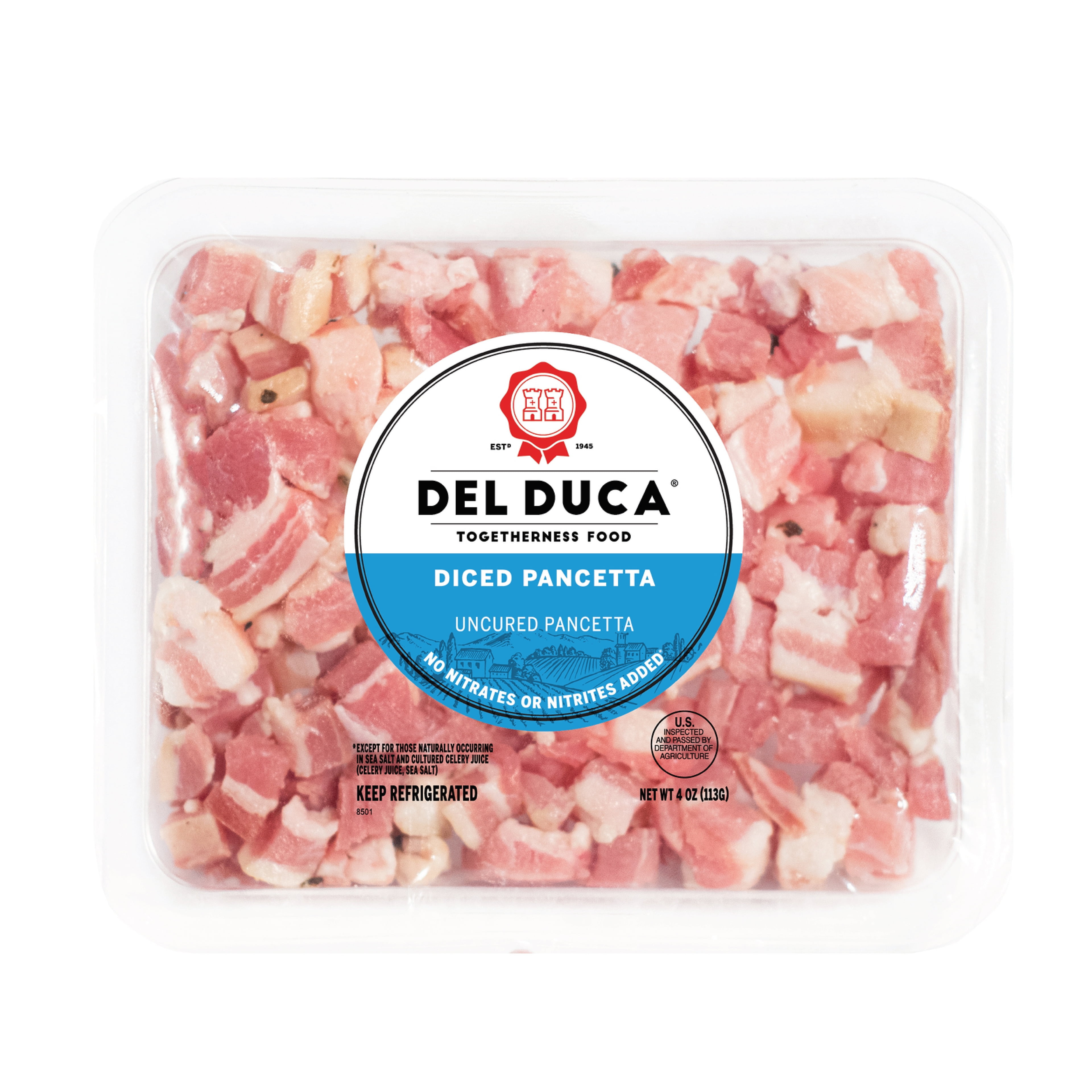 Del Duca, Diced Pancetta, Uncured Pork Belly, 4 oz
