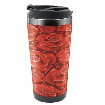 

Rose Travel Mug Red Roses Water Rain Drops Steel Thermal Cup 16 oz by Ambesonne
