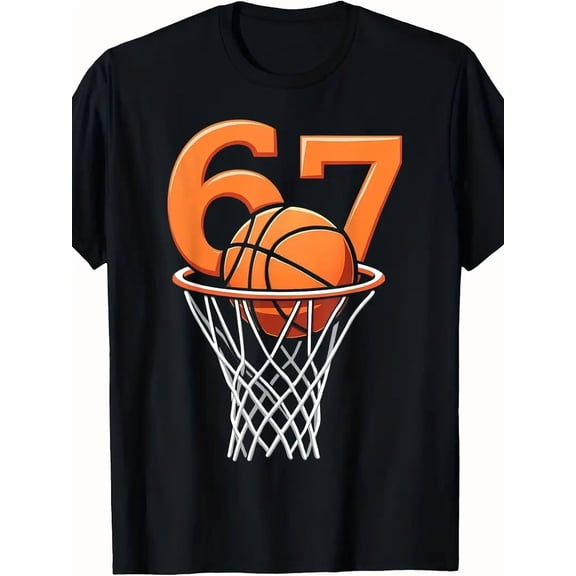 Orange Number 67 Basketball Hoop Graphic for Men Casual Short Sleeve Tee Shirt