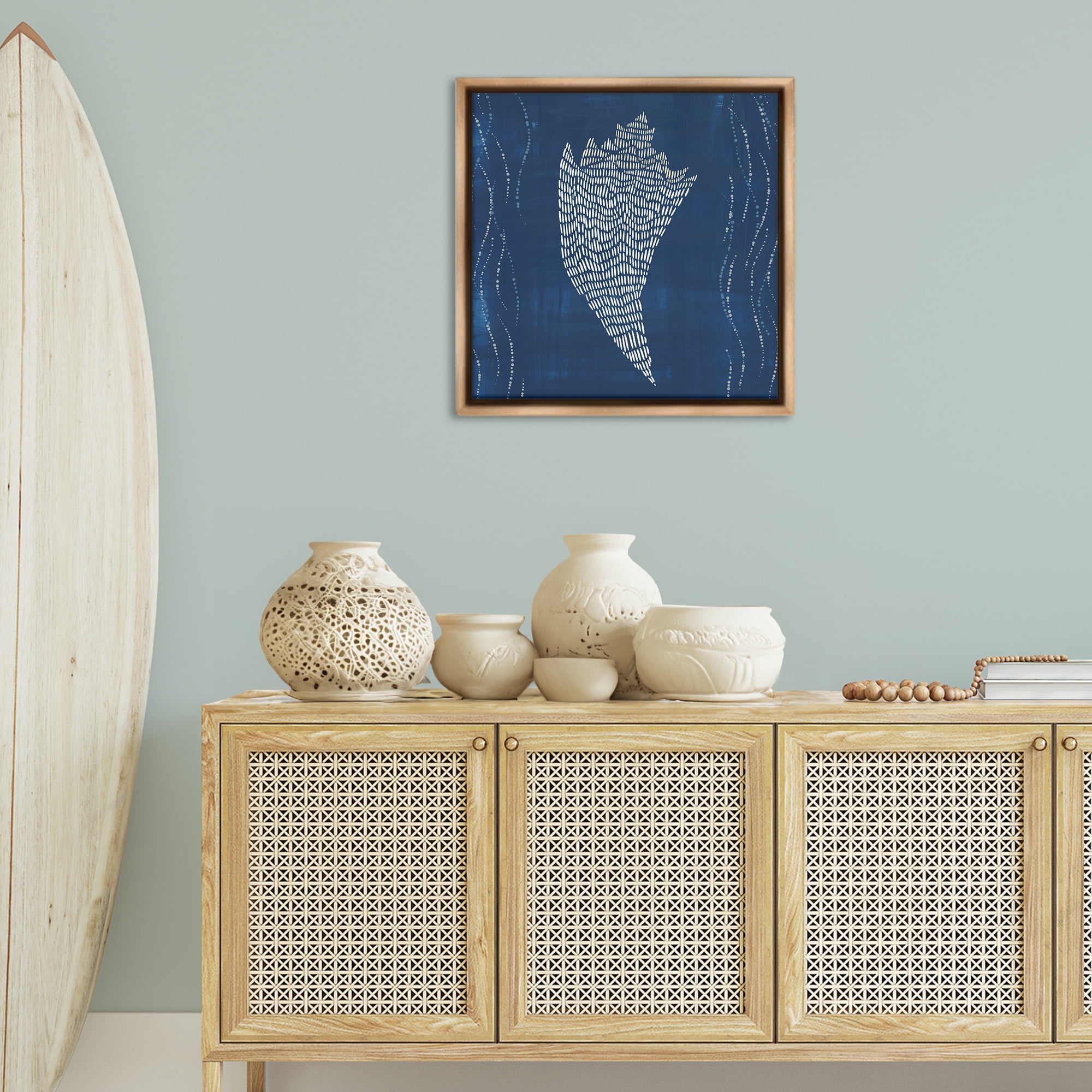 Stupell Industries Conch Shell on Blue Coastal Painting Brown Floater Framed Canvas Art Print Wall Art, 25 x 25