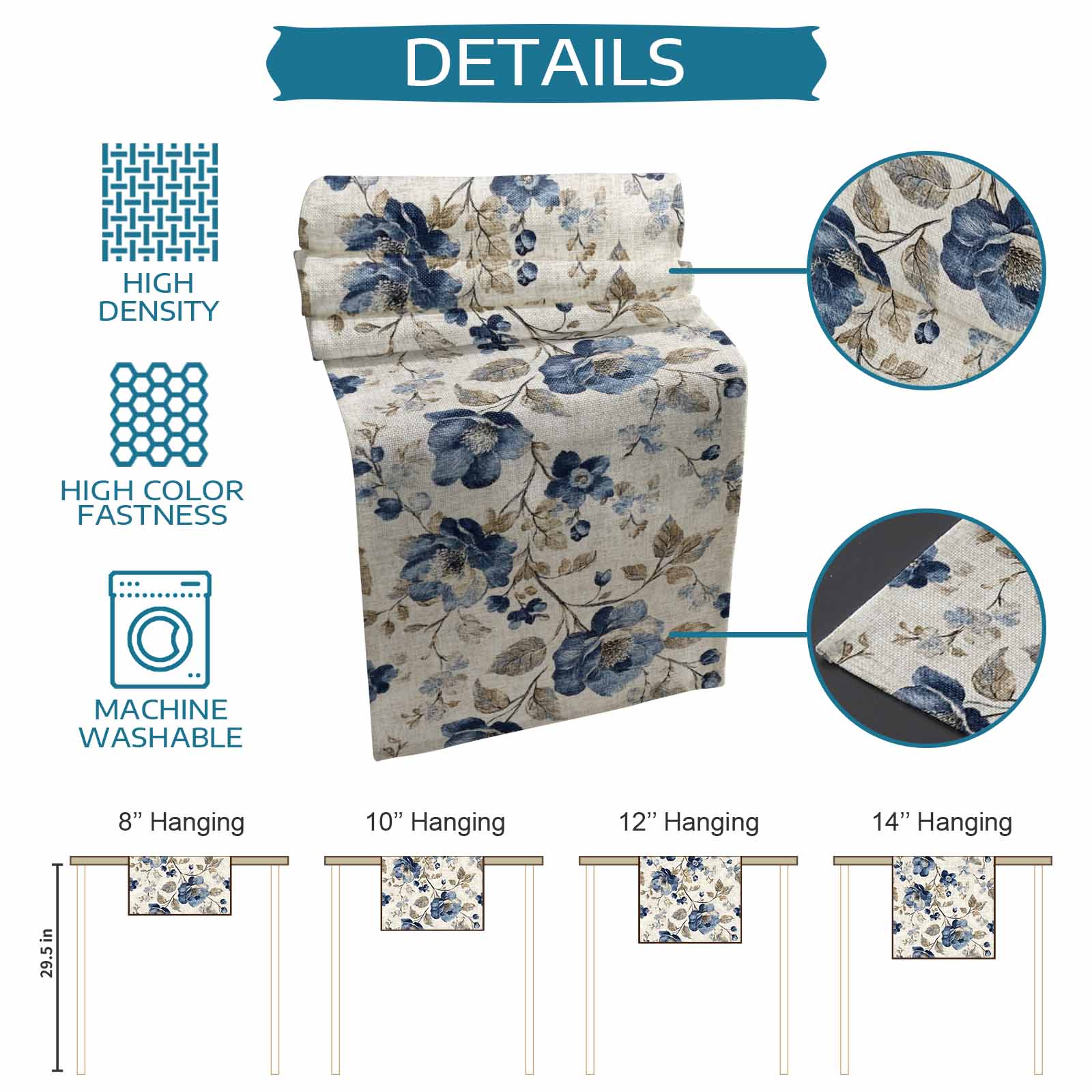 Blue Gray Spring Floral Cotton Linen Table Runner for Dining Kitchen, Vintage Botanical Wedding Outdoor Party Tablerunners Decoration, Dresser Scarf Coffee Tablecloth Runners 13x72 Inches