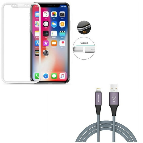 iPhone XS/X - Charger Cord 6ft USB Cable w Tempered Glass Screen Protector - Power Wire Braided Long Sync Fast Charge, 5D Touch Curved Edge Full Cover Bubble Free Case Friendly 9H Hardness