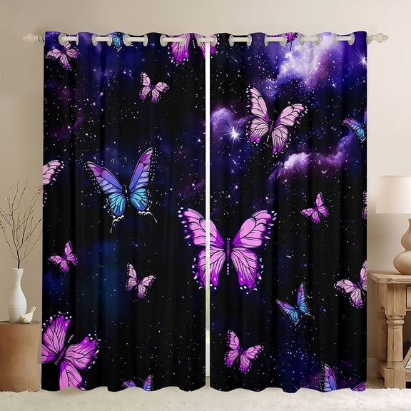 Homewish Watercolor Gradient Butterfly Black Out Curtains,3D Colorful Butterflies Curtains Pack of 2 (42x63 Each),Pink Black Bedroom Curtains For Girls Teens,Luxury Bedroom Decor