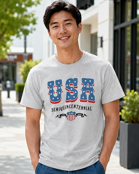 USA Semiquincentennial 250th Anniversary 1776–2026 Shield Graphic T-Shirt, Patriotic Independence Celebration Tee, Unisex Adult Heather Grey, Large