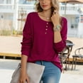 thumbnail image 2 of Blusa con botones en la parte delantera, cuello redondo, manga larga, color puro, informal, suelta, con botones suaves, para mujer, color rojo vino XXL, 2 of 7