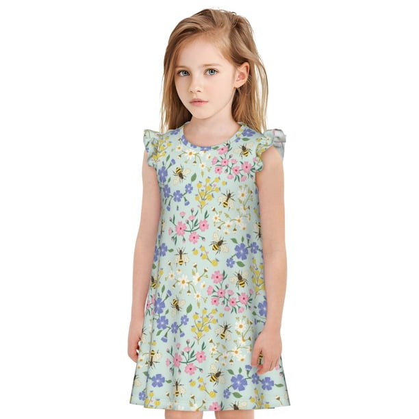 Balery Honey Bees And Flowers Camisón de princesa para niñas, pijama de algodón con mangas abullonadas, suave y bonito.-Medium