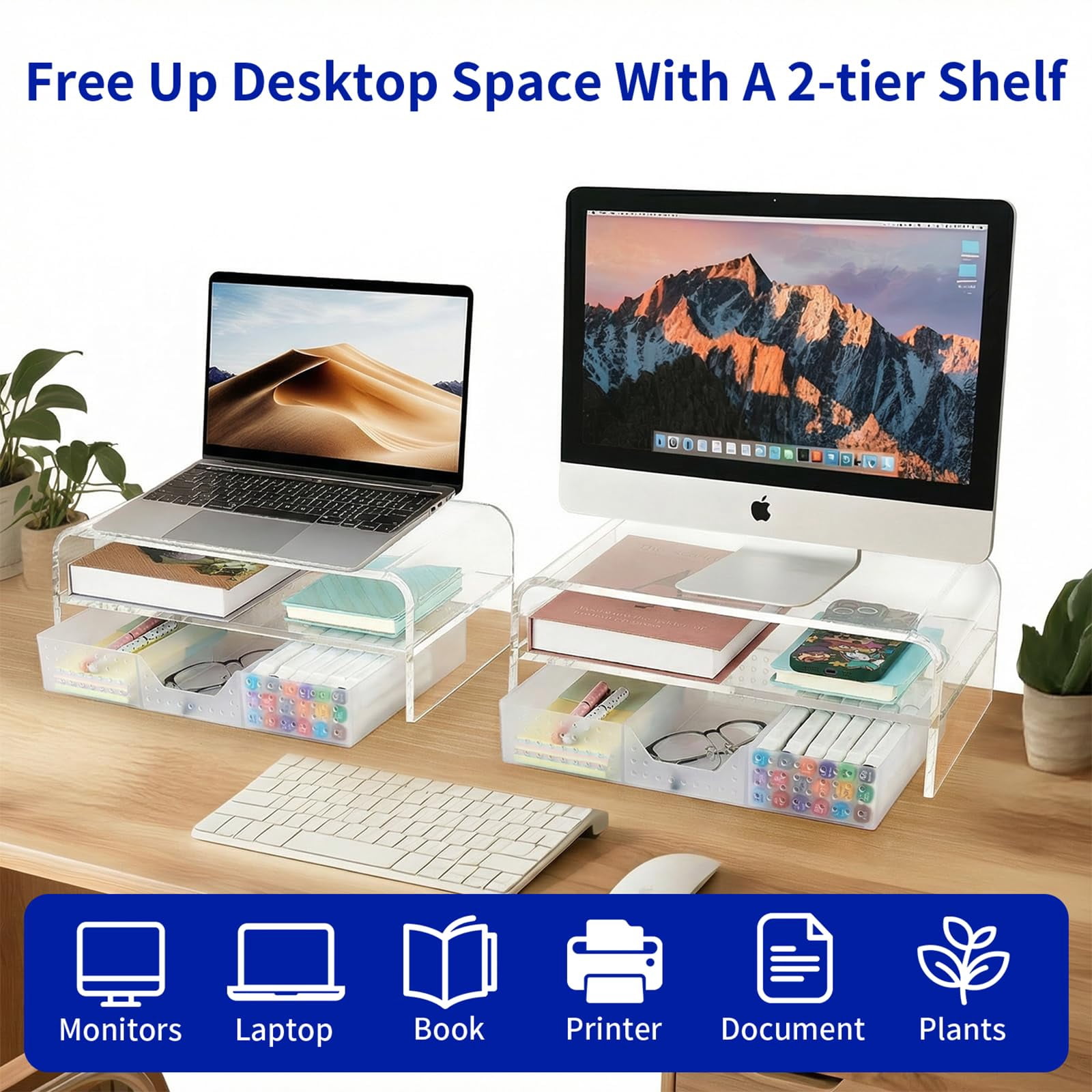 Clear Desk Organizers And Accessories  2-tier Computer Monitor Stand Riser With Drawer Laptop Office For Supplies Transparent