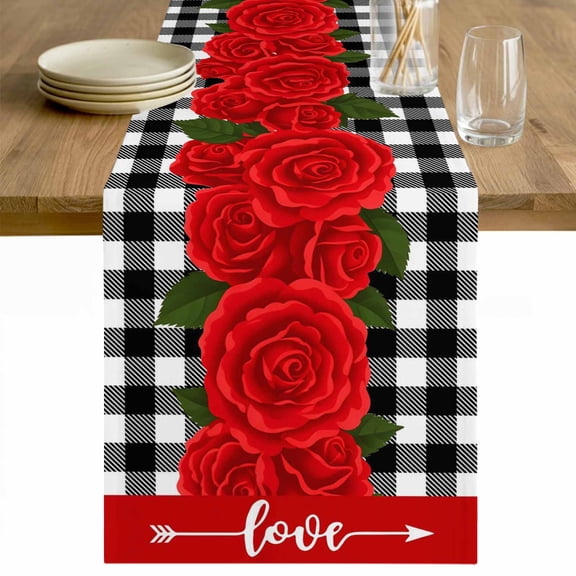 Valentine's Day Table Runner - 90 Inch Long Red Rose Flowers Buffalo Plaid Romantic Cotton and Linen Blended Dress Scarves Farmhouse Table Runner for Kitchen Dining, Coffee Table, 13" x 90"