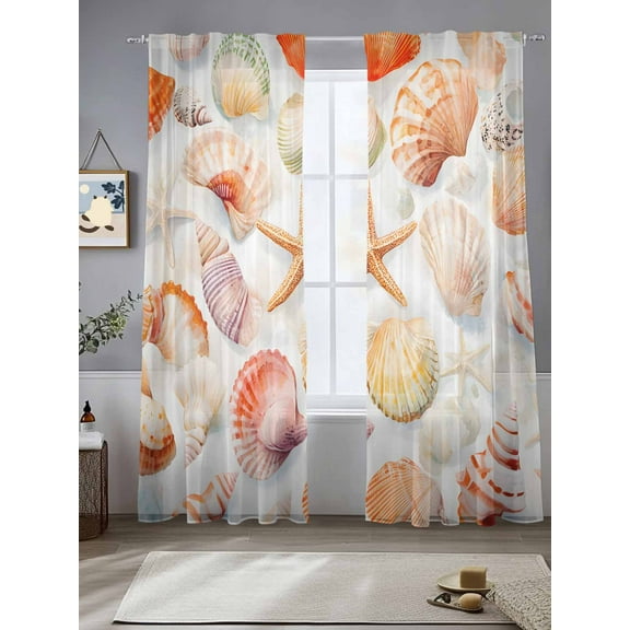 Orange Shells Coastal Sheer Curtains for Living Room Bedroom Summer Beach Starfish Watercolor Sheer Curtains 84 Inch Long 2 Panels Set Light Filtering Curtain Window Treatments Drapes for Dining Room