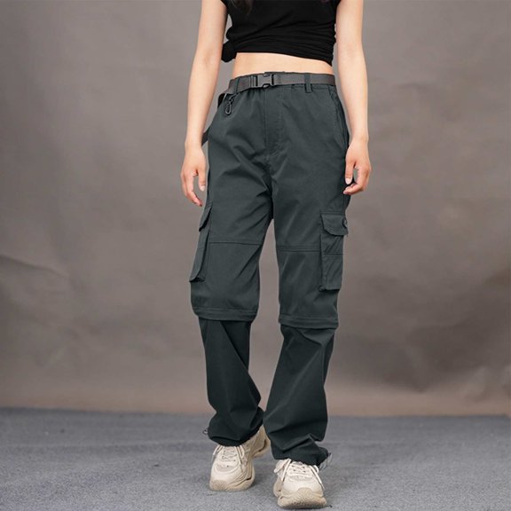 Gray Casual Pants Women's Outdoor Quick Drying with Multiple Pockets and Detachable Style Elastic Windbreaker Pants