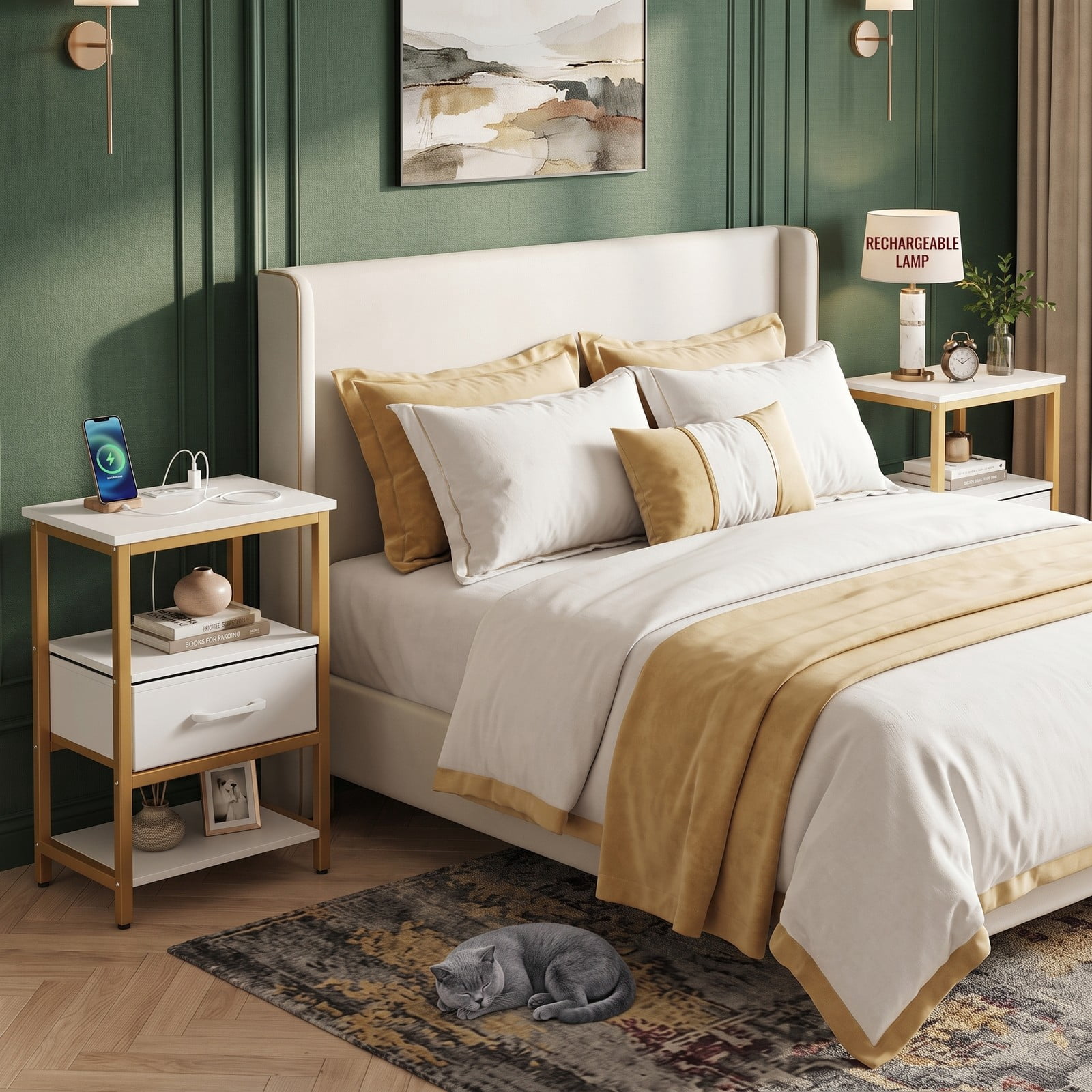Furnibear Nightstand Set of 2 with Charging Station and Foldable Fabric Drawer and Open Shelves for Bedroom and Living Room, White and Gold