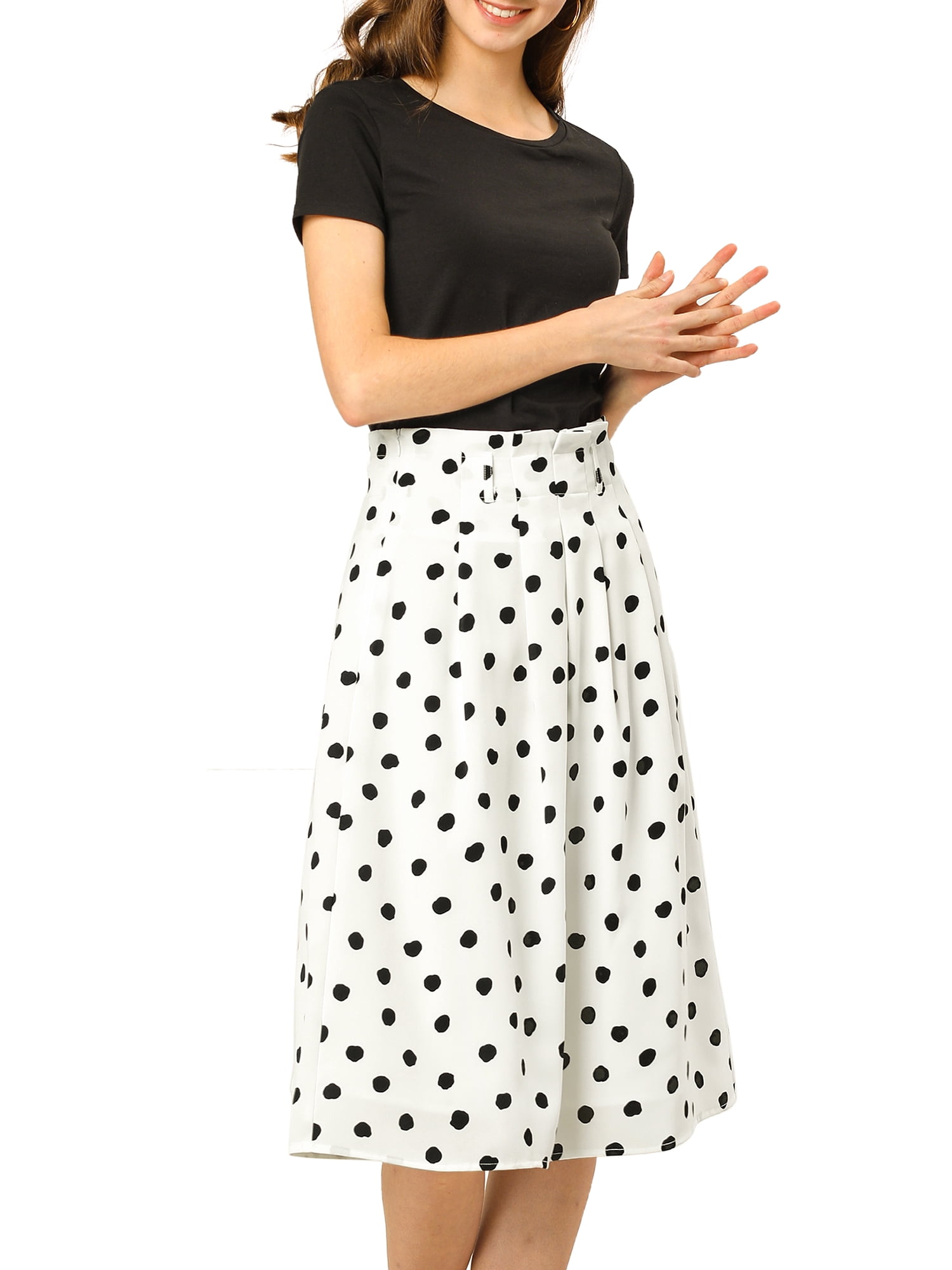 Unique Bargains Women's Polka Dots Belted Elastic Waist Vintage Midi A-Line Skirt XS White-Polka Dot