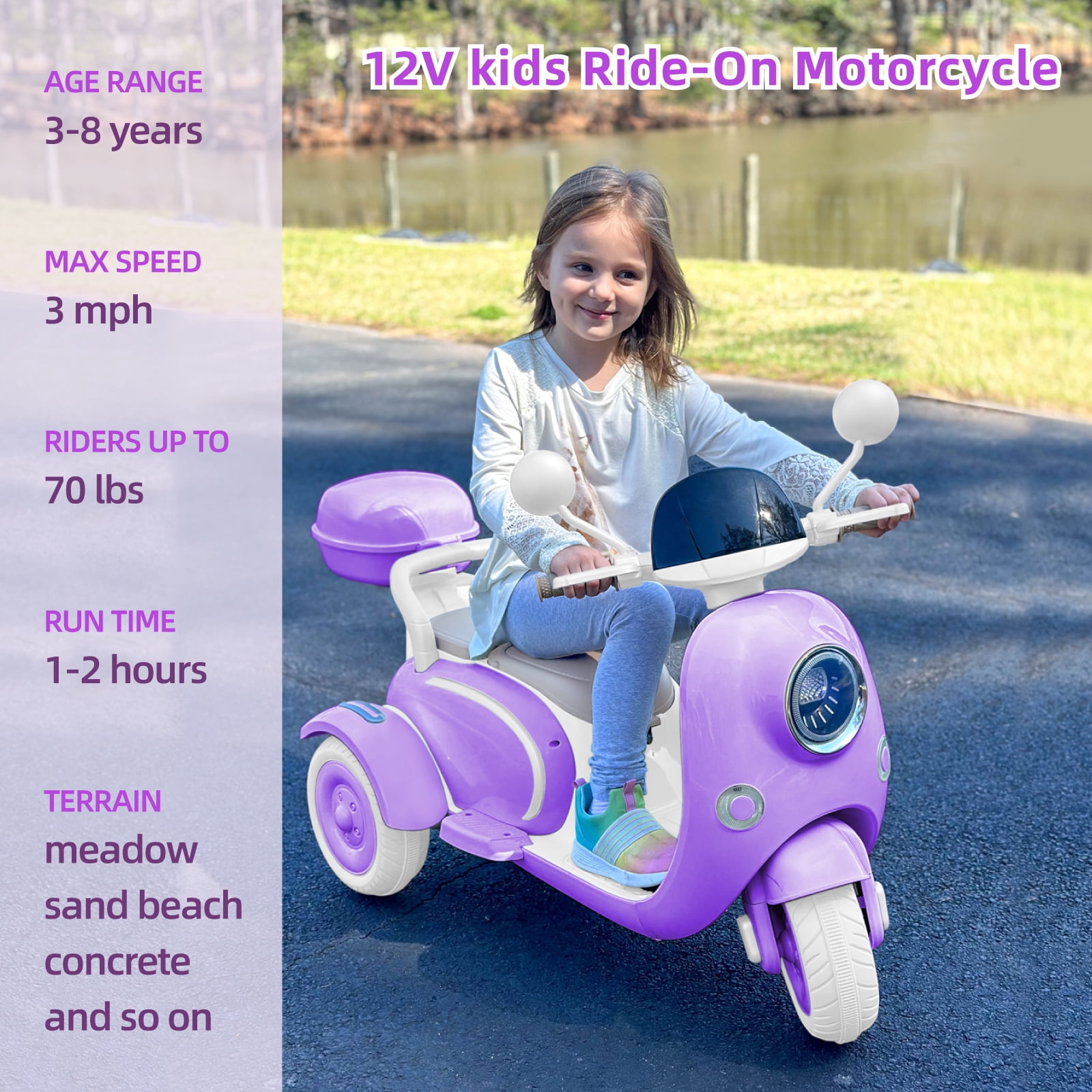 BKIRNP 12V Kids Electric Motorcycle Battery 3-Wheeler Tricycle w/Bluetooth Music LED Storage Box